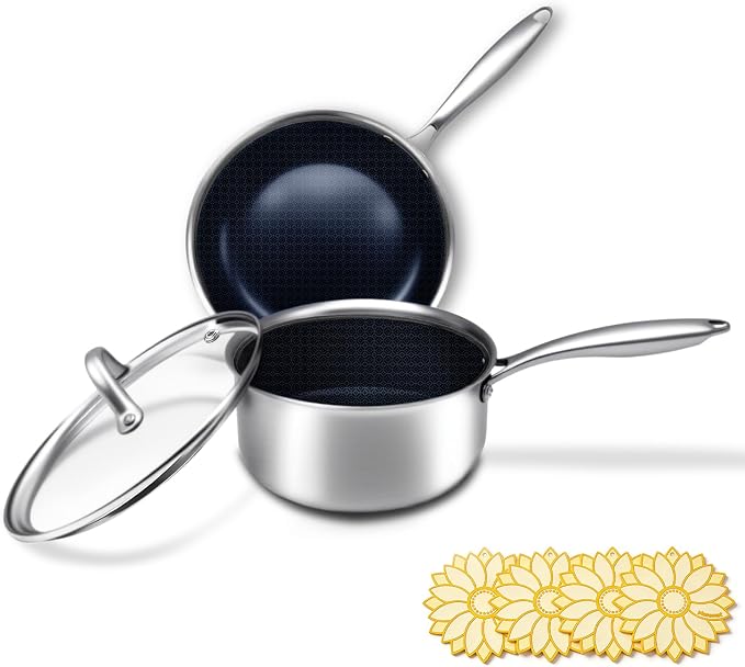 BRASA,Nonstick steel Cookware Sets,Multi-layer Cookware,Ceramic coating,Compatible Gas,Electric & Induction Dishwasher safe (PFOS, PFOA Free) saucepan and frying pan and 4trivet set