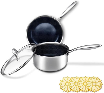 BRASA,Nonstick steel Cookware Sets,Multi-layer Cookware,Ceramic coating,Compatible Gas,Electric & Induction Dishwasher safe (PFOS, PFOA Free) saucepan and frying pan and 4trivet set