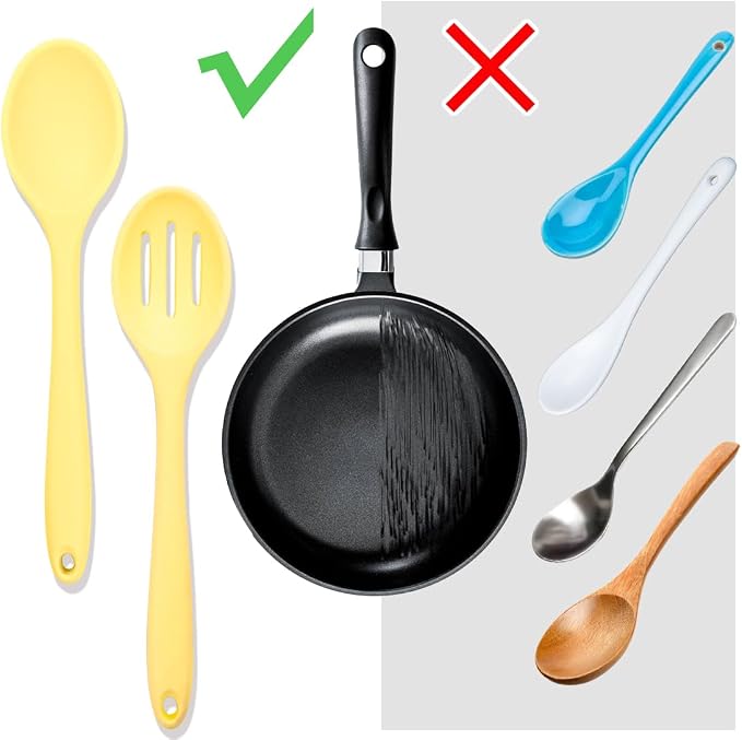 8 Pcs Heat Resistant Non Stick Silicone Serving Spoons Set -Ideal for Cooking, Baking, Mixing, Stirring Includes Slotted & Solid Spoons, Design for Nonstick Cookware (Yellow)