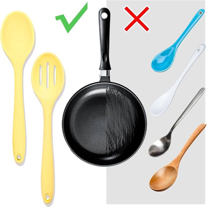 8 Pcs Heat Resistant Non Stick Silicone Serving Spoons Set -Ideal for Cooking, Baking, Mixing, Stirring Includes Slotted & Solid Spoons, Design for Nonstick Cookware (Yellow)