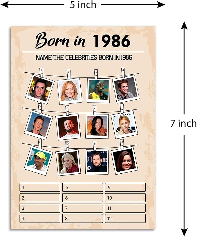 QUPT 40th Birthday Party Games, Set of 2 Activities for 15 Guests, Born in 1986 Games Bundle, Birthday Party Supplies for Adults, Pack of 30 Cards