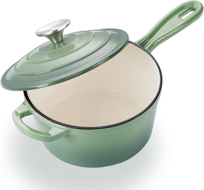 3 Quart Saucepan with Lid, Leonyo Enameled Cast Iron Sauce Pot, Large Enamel Cast Iron Dutch Oven Kitchen Cookware for All Cooktops Cooking Pasta, Soup, Milk - Up to 500°F & 8bs, Pistachio Green