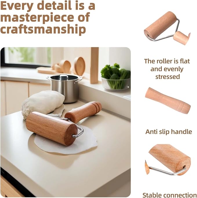 Stainless Steel & Beechwood Rolling Pin with Adjustable Thickness - Ergonomic Dumpling/Pasta Maker、Pizza, Kitchen Tool for Home Chefs, Dishwasher Safe & Rustproof Design (Y)