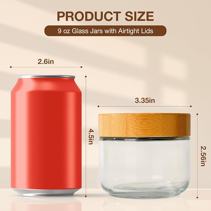 Hoa Kinh 9oz 12Pack Glass Food Storage Jars with Lids, Leak Proof Small Glass Jars for Overnight Oats, Cereal, Empty Jar with Woodgrain Lids for Kitchen