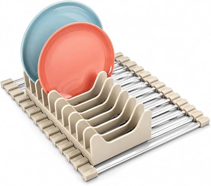 Small Aluminum Roll Up Dish Drying Rack (9" x 13") - Fits Sink Openings up to 8.5", for Narrow Sink Only, Square Bar, Rust-Proof, with Dish Holder (Beige)