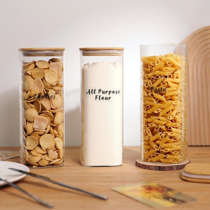 3 Pcs Square Glass Pantry Storage Containers with Bamboo Airtight Lid and 248 Clear Pantry Labels Preprinted - 62oz Thicken Glass Food Storage Jars for Coffee, Cookie, Tea, Sugar, Spice