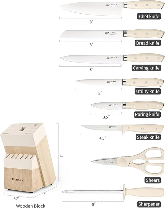 Kitchen Knife Set,14-Piece Knife Set With Block Wooden, Self Sharpening For Chef Knife Set, High Carbon German Stainless Steel Knife Block Set, Dishwasher Safe Cutlery, Cream