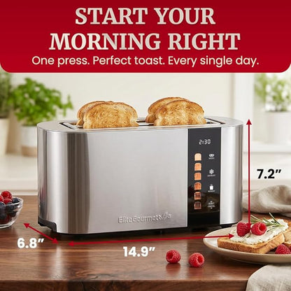 Elite Gourmet ECT5500 4-Slice Long Slot Toaster, Fully Automatic Motorized, Stainless Steel Digital Touchscreen, Extra-Wide Slots, 6 Browning Levels, Bagel, Defrost & Reheat