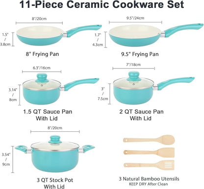 M MELENTA Pots and Pans Set Nonstick, 11pcs Kitchen Cookware Sets Induction Cookware, Ceramic Non Stick Cooking Set, Stay Cool Handle & Bamboo Kitchen Utensils, 100% PFOA Free, Turquoise