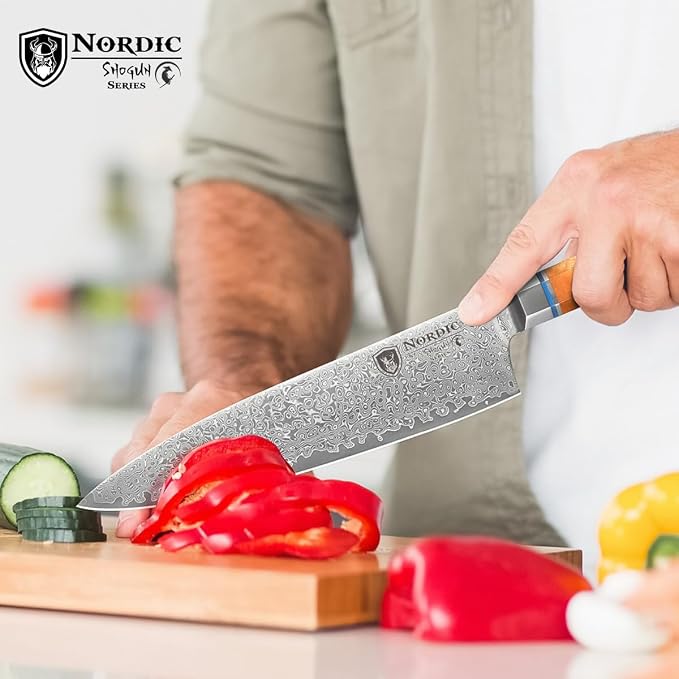 Nordic The New Shogun Series Professional 8-inch Chef Knife, 67-Layer Folded Damascus Super Steel, VG-10 Core, Rockwell 60±2 Hardness, Wood and Resin Handle, Magnetic Sheath.