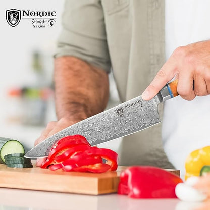 Nordic The New Shogun Series Professional 8-inch Chef Knife, 67-Layer Folded Damascus Super Steel, VG-10 Core, Rockwell 60±2 Hardness, Wood and Resin Handle, Magnetic Sheath.