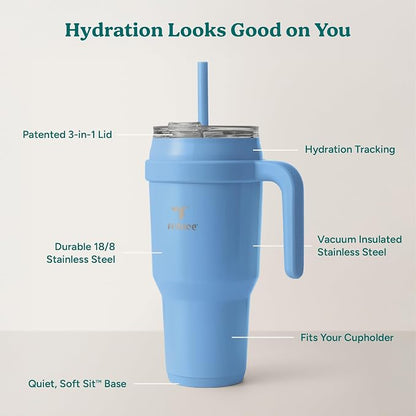 REDUCE Cold1 40 oz Tumbler with Handle - Vacuum Insulated Stainless Steel Water Bottle for Home, Office or Car, Reusable Mug with Straw or Leakproof Flip Lid, Keeps Drinks Cold All Day- Oahu Blue