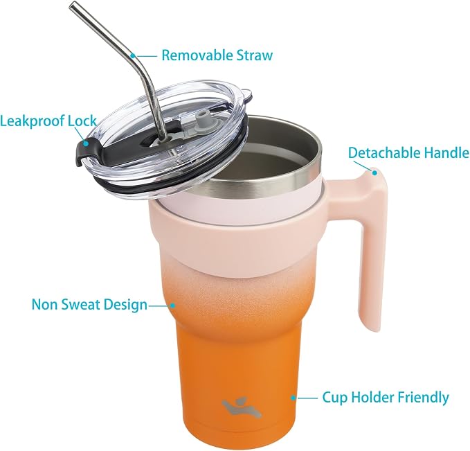 Konokyo 40 oz Tumbler with Handle and 2 Straw 2 Lid, Insulated Water Bottle Stainless Steel Vacuum Cup Reusable Travel Mug,Coral
