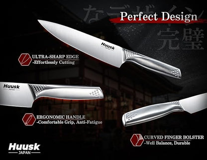 Huusk Knife Set with Block and Sharpener, 14 Pcs Japanese Stainless Steel Kitchen Knife Sets, Sharp Silver Professional Knives Set with Box for Kitchen, Gifts for Men Women