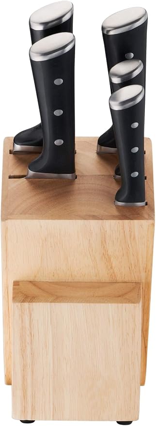 Tefal Wooden Knife Block 5pc Set- Ice Force Knives, German Stainless Steel & Premium Design - Bread 20 cm | Chef 20 cm | Santoku 18 cm | Utility 11 cm | Paring 9 cm - K232S574