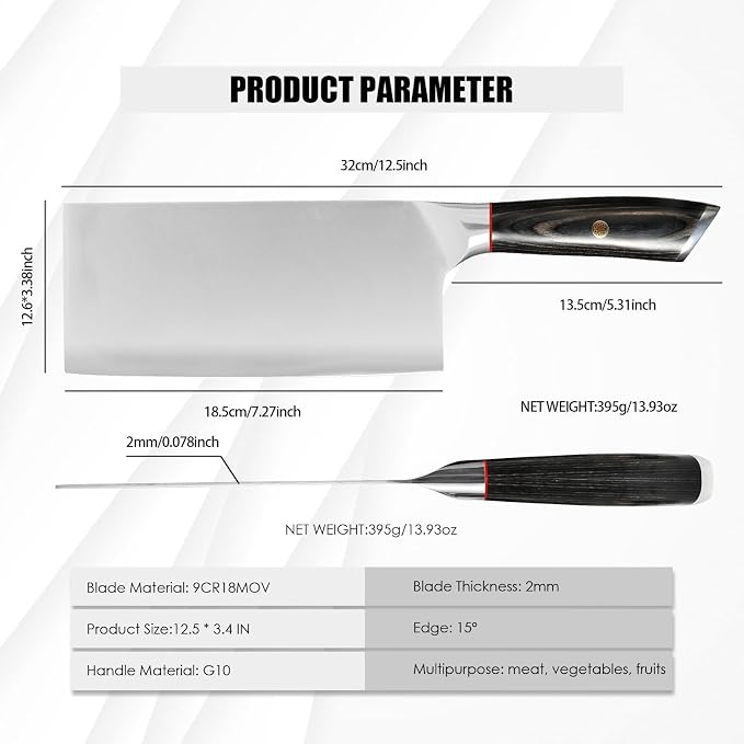 Japanese Carbon Steel Meat Cleaver Knife Professional 9CR18MOV Butcher Knife Sharp Kitchen Chopper Knife for Meat Vegetable with G10 Handle