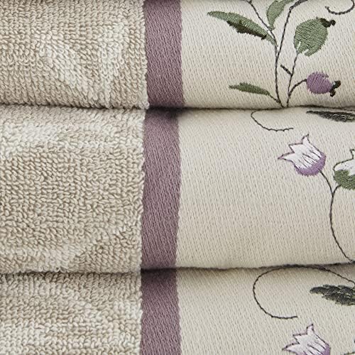 Madison Park Serene 100% Cotton Bath Towel Set Luxurious Floral Decorative Towels for Bathroom Embroidered Cotton Jacquard Design Soft Highly Absorbent for Shower 600 GSM, Multi-Sizes, Purple 6 Piece