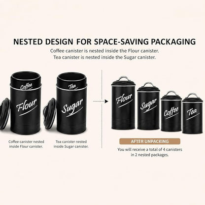 Hillbond Kitchen Canister Set of 4, Airtight Stainless Steel Food Storage Containers with Lids, Flour Sugar Coffee Tea Canisters for Countertop, Metal Kitchen Storage Jars, Black