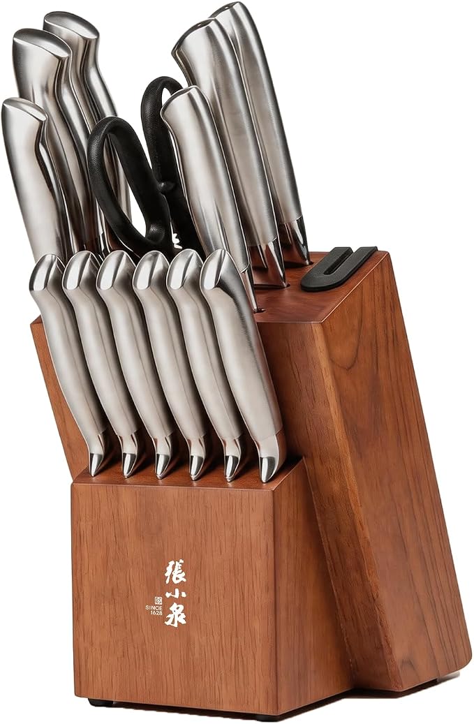 ZHANG XIAO QUAN 15-Piece Kitchen Knife Set with Block, High Carbon Stainless Steel, Ergonomic Hollow Handles, Durable Sharp Blades for Precision Cutting, Silver
