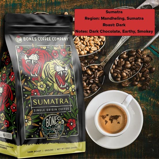 Bones Coffee Company Sumatra Single-Origin, Dark Chocolate, Smoky, Earthy Notes, Ground Coffee Beans, Low Acid Dark Roast Arabica Beans Flavored Coffee, 12 oz Ground