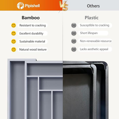 Pipishell Bamboo Expandable Drawer Organizer for Utensils Holder, Adjustable Cutlery Tray, Wood Drawer Dividers Organizer for Silverware, Flatware, Knives in Kitchen, Bedroom, Living Room(Grey)
