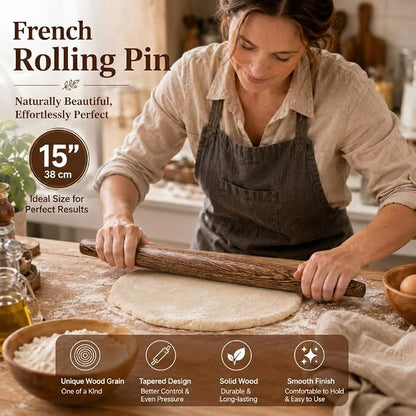 15.75 Inch French Rolling Pin – Smooth & Balanced Wooden Dough Roller for Baking and Pastry, Distinctive Feathered Grain Beauty