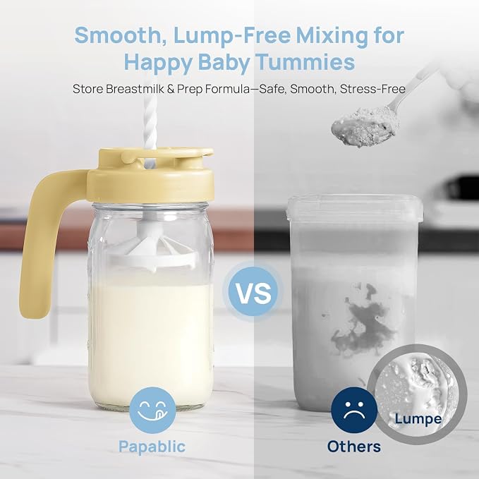 Papablic Glass Breastmilk Pitcher, Formula Mixing Pitcher with Mixing Handle Lid, Wide Mouth Mason Jar Mixer with Flip Locking Spout, Easy to Clean, BPA Free, Yellow