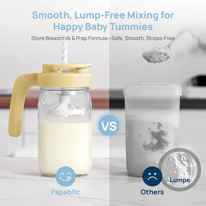 Papablic Glass Breastmilk Pitcher, Formula Mixing Pitcher with Mixing Handle Lid, Wide Mouth Mason Jar Mixer with Flip Locking Spout, Easy to Clean, BPA Free, Yellow
