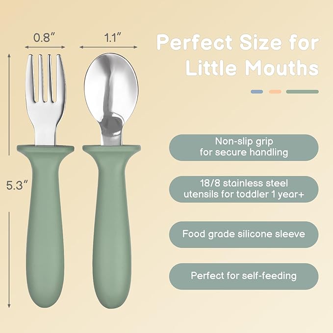 Eascrozn 6 Pack Toddler Utensils, kids Silverware with Silicone Handle, 18/8 Stainless Steel Children Safe Spoons and Forks Set Baby Feeding Essentials, Dishwasher Safe
