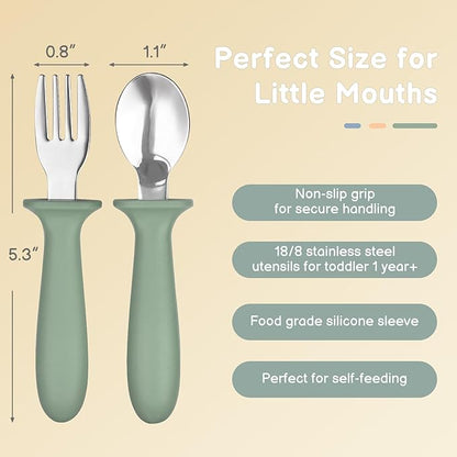 Eascrozn 6 Pack Toddler Utensils, kids Silverware with Silicone Handle, 18/8 Stainless Steel Children Safe Spoons and Forks Set Baby Feeding Essentials, Dishwasher Safe