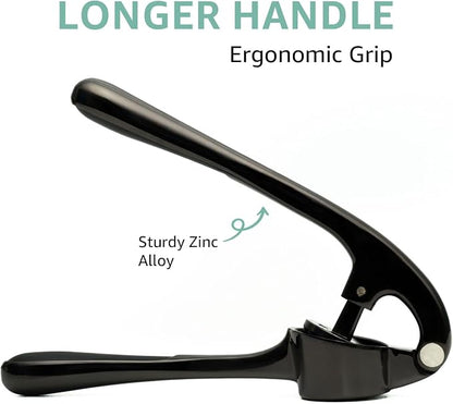 Garlic Press Crusher & Mincer – Easy Squeeze Ergonomic Handle, Heavy Duty Zinc Alloy, Dishwasher Safe, Includes Peeler & Cleaning Brush – Garlic Ginger Crusher Tool (Black)