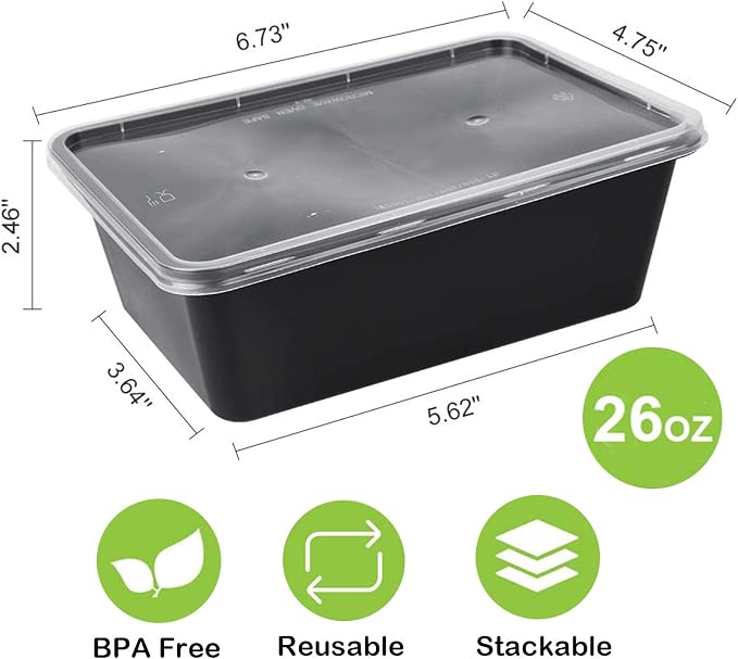 AIFUSI 50 Pack Meal Prep Container, Disposable Lunch Box, Food Storage Washable Containers with Lids, Reusable Plastic Bento Box Microwave/Dishwasher/Freezer Safe (750ML/ 26 OZ)