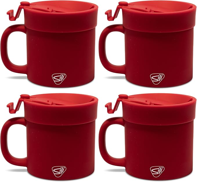 Silipint 16oz Silicone Coffee Mug Tumbler Flip Lid Unbreakable Dishwasher Safe Microwave Oven & Freezer Compatible – Non-Toxic Reusable Cup for Hot Coffee Tea or Drinks Pack of 4 Classic Red