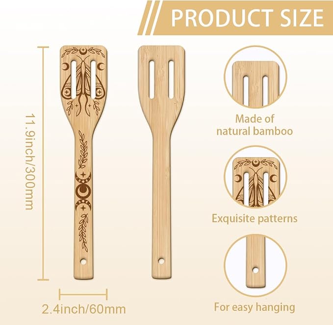 GLOBLELAND 6 Pcs Moon Moth Wooden Spoons Utensil Set Moon Phases Bamboo Kitchen Cooking Utensils for Women and Men Wooden Engraved Cooking Spatula Set for Kitchen Fun House Warming Gift