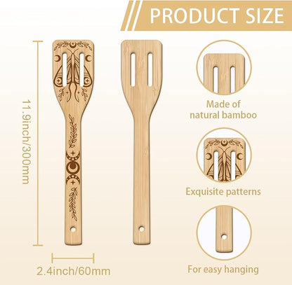 GLOBLELAND 6 Pcs Moon Moth Wooden Spoons Utensil Set Moon Phases Bamboo Kitchen Cooking Utensils for Women and Men Wooden Engraved Cooking Spatula Set for Kitchen Fun House Warming Gift