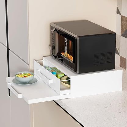 2-Tier Pull-Out Cabinet Organizer with Drawer & Countertop, Adjustable Kitchen Microwave Stand, Spice Rack Storage for Countertop, Cabinet, Pantry, Steel, White (18.3''W x 14.1-24.3''D x 5.5''H)