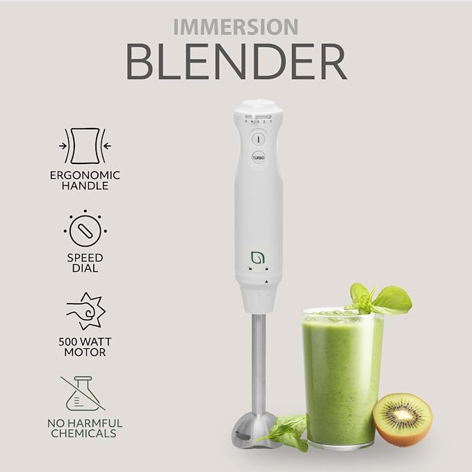 WILLOW Eco Series 5 Speed Immersion Blender Handheld, Powerful yet Quiet 500 Watt Electric Stick Blender with Turbo Mode & Removable Base, Hand Blender for Soup, Smoothie, 304 Stainless Steel - WHITE