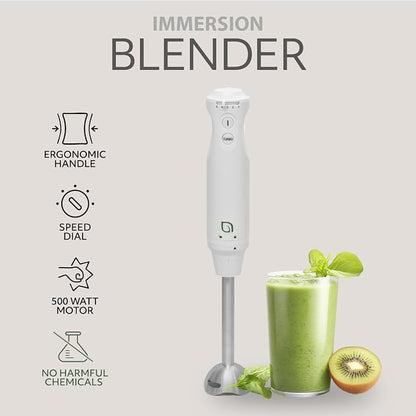 WILLOW Eco Series 5 Speed Immersion Blender Handheld, Powerful yet Quiet 500 Watt Electric Stick Blender with Turbo Mode & Removable Base, Hand Blender for Soup, Smoothie, 304 Stainless Steel - WHITE