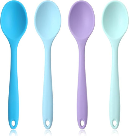 4 Pieces Small Silicone Spoons Multicolored Nonstick Kitchen Spoons Silicone Mixing Spoon for Cooking Heat Resistant Tea Spoon for Kitchen Cooking Baking Serving (Blue Light Blue Purple Cyan)