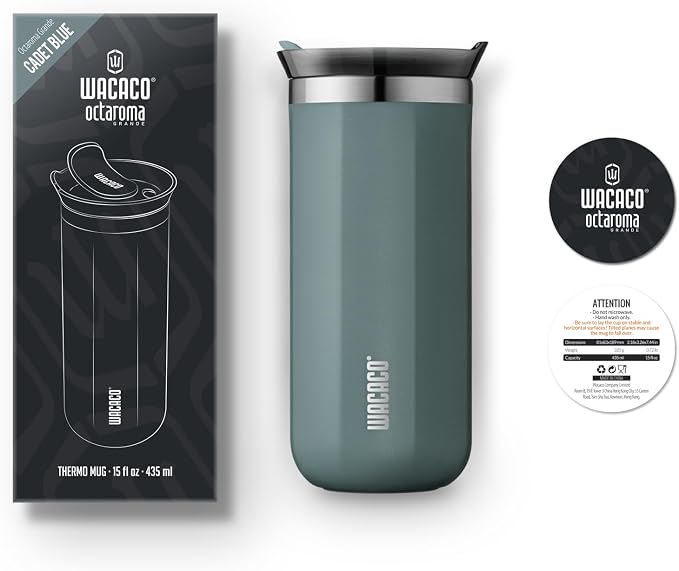 WACACO Octaroma Grande Vacuum Insulated Coffee Mug, 15 fl oz (435ml), Double-wall Stainless Steel Travel Tumbler With Drinking Lid, Cadet Blue