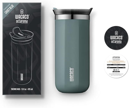WACACO Octaroma Grande Vacuum Insulated Coffee Mug, 15 fl oz (435ml), Double-wall Stainless Steel Travel Tumbler With Drinking Lid, Cadet Blue