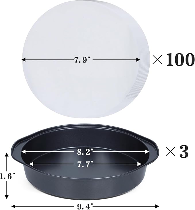 Hunnycook Cake Pan Set - 138 Piece 8-inch Round Cake Pans, Carbon Steel Cake Pan with Handles, Cake Decorating Kit with Parchment Papers, Piping Bag and More Accessories