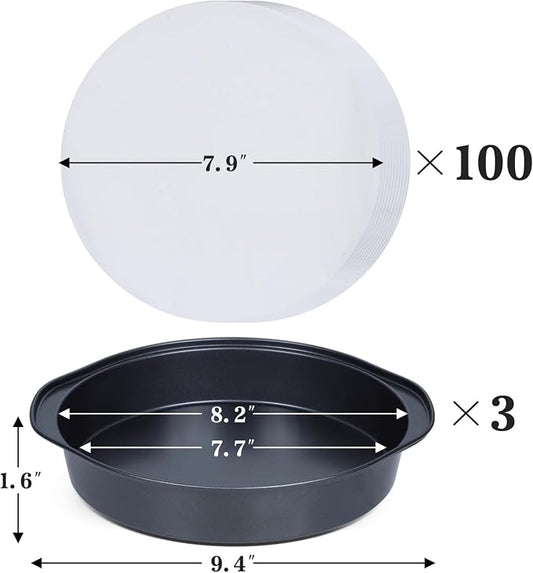 Hunnycook Cake Pan Set - 138 Piece 8-inch Round Cake Pans, Carbon Steel Cake Pan with Handles, Cake Decorating Kit with Parchment Papers, Piping Bag and More Accessories