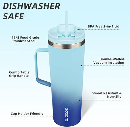 BJPKPK Insulated Tumbler with Handle, 30oz Insulated Tumblers with Lid and Straw, Stainless Steel Metal Water Bottles, Coffee Travel Mugs, Cups, Sky