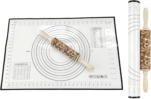 Classic Wood Rolling Pin, Wooden Rolling Pins for Baking Silicone Mat Set, Rolling Pins for Baking, Fondant Roller for Pie Crust Cookies Pizza Dough and Bread, 13.78Inch