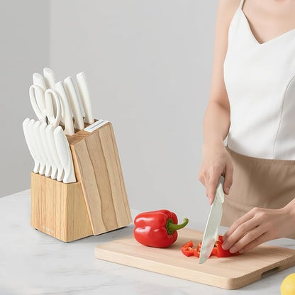 15 Piece Knife Set，Kitchen Knife Block Set，White stainless steel knife set with sharpener for Chopping, Slicing, Dicing & Cutting，Dishwasher safe