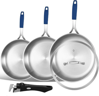 Inqibee 8.5-10-12 Inch Tri-Ply Stainless Steel Frying Pan Set of 3 with a Lid, Skillets, Chef's Pan, Induction Cooking Pans, Dishwasher Safe and Detachable Handle