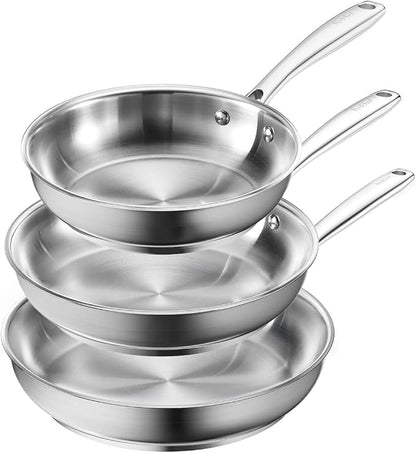 Redchef Stainless Steel Frying Pan Set, Induction Kitchen Cookware Set, Non-Toxic Uncoated Skillets for Searing & Cooking, Oven Safe Stainless Steel Cookware Set, 3-Piece (8", 9.5", 11")