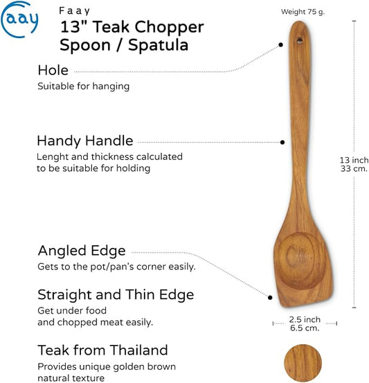 FAAY Right Hand Chopper, Wooden Spoon - Spatula, Break Up Ground Beef Utensils Made from High Moist Resistance Teak Wood for Non Stick Cookware. (Right Hand Chopper)