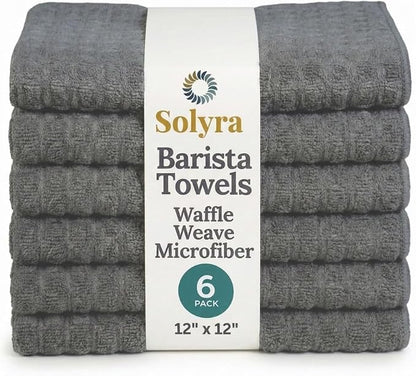 Solyra Barista Towels, 6 Pack, 12" x 12", Dark Gray | Oeko-Tex Certified, Microfiber Cloth, Coffee Towel